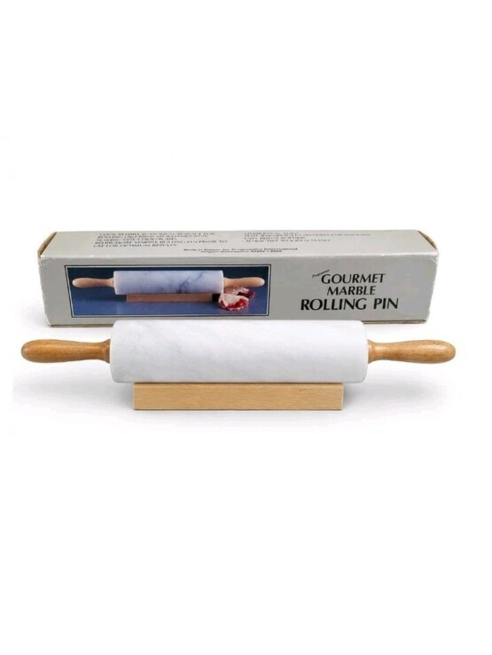 Vintage Progressive Gourmet Marble Rolling Pin Gray White Wood Cradle Stand Box
